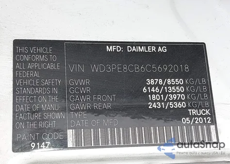 2012 Mercedes-Benz Sprinter 2500 High Roof z USA, uszkodzony, nr VIN WD3PE8CB6C5692018